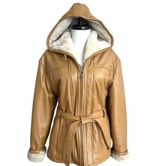 Wilsons Leather Penny Lane Belted Jacket S Y2K Coat Faux Fur Hood Cabincore Boho - Picture 1 of 16